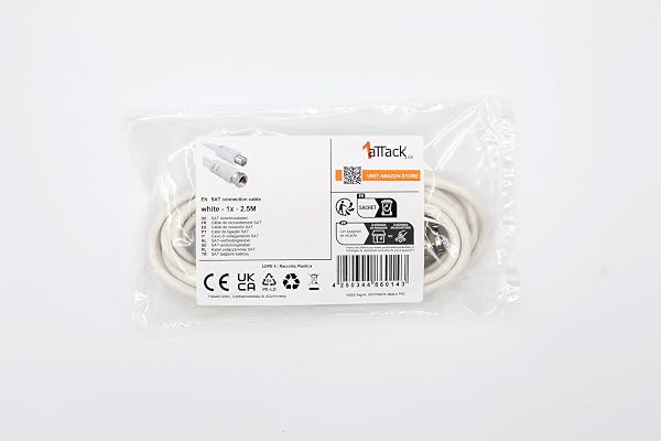1aTTack.de Câble adaptateur pour antenne satellite, 2,5 mètres, 2 blindages, connecteur F vers connecteur coaxial, blanc SAT, F-coax, 75 dB - 1