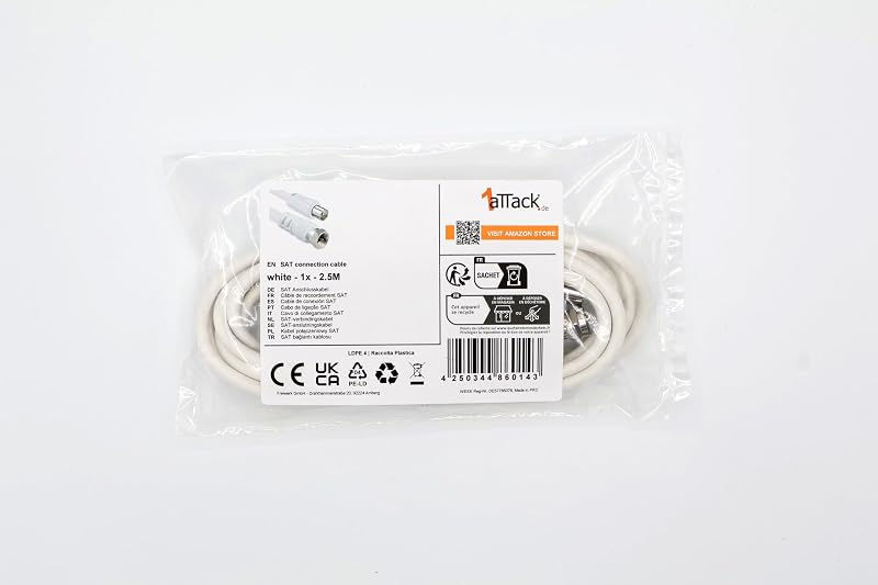 1aTTack.de Câble adaptateur pour antenne satellite, 2,5 mètres, 2 blindages, connecteur F vers connecteur coaxial, blanc SAT, F-coax, 75 dB