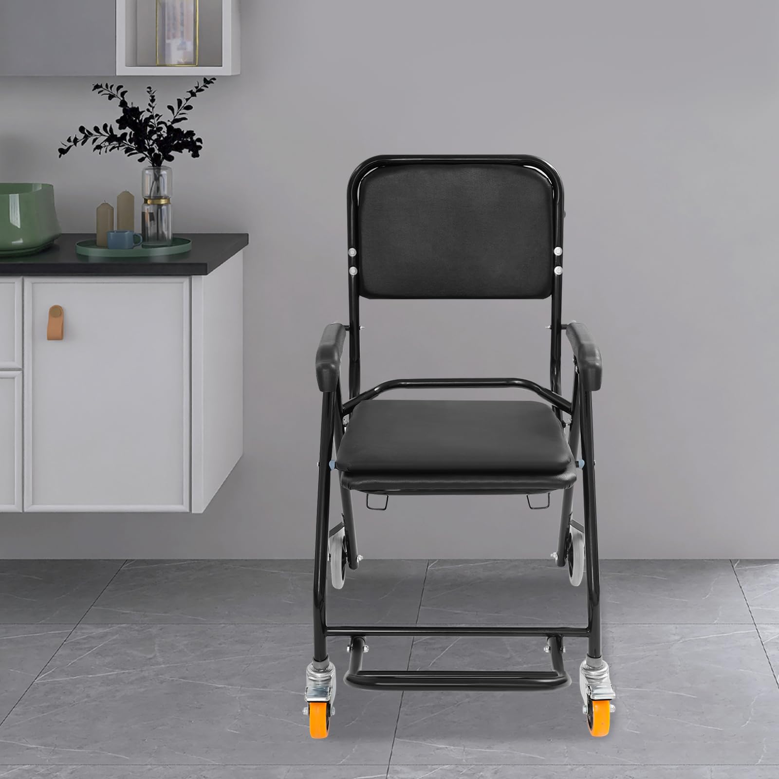 Silla de ducha plegable de acero negro con cubo y ruedas para personas mayores, cuidado en casa