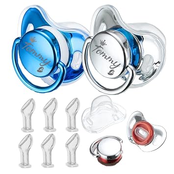 Custom Blue Silver Detachable Pacifier2pcs with Name Bring 6 Replacement Teat Include All Size Persobalized for Boy and Girl Baby Shower
