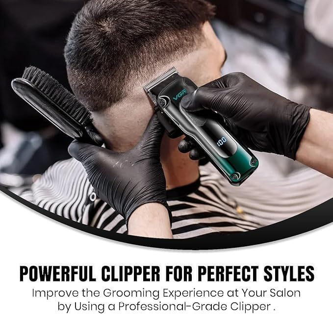 Image of VGR V-013 Professional Salon Quality Hair Clipper | 200 Minutes Runtime | 2000mAh Lithium Battery | Adjustable Taper Lever | 8 Guide Combs | LED Display | Cord & Cordless | Green