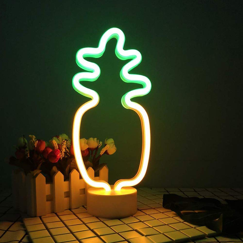 Chronos Pineapple Neon Signs with Holder Base Table Light Battery & USB Operated for Home, Bedroom, Living Room, Kitchen, Dining Room, Bathroom, Office, Bar, Hotel, Restaurant, Nightclub, Party
