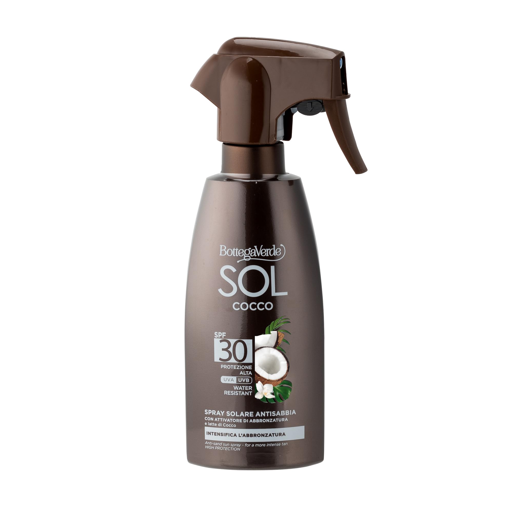 Bottega Verde - Spray Solare SOL Cocco SPF 30, 250 ml, Protezione Alta, Antisabbia, con Latte di Cocco, Estratto di Carota e Papaya, Intensifica e Prolunga l'Abbronzatura, Water Resistant