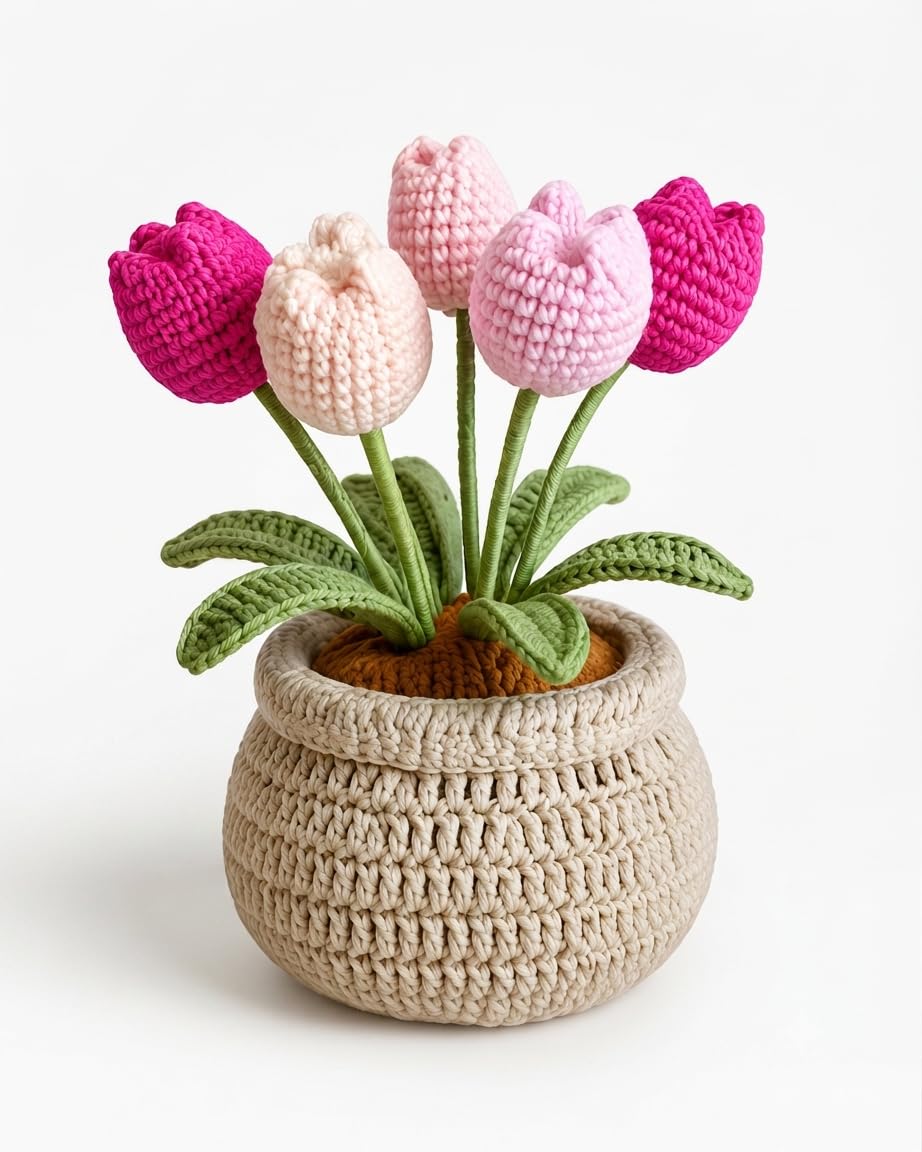 Aarvya Creation Crochet Tulip Flower Pot Knitted Basket 28 cm | Handmade Artificial Tulips, Tabletop Decor, Home & Office Use, Decorative Arrangement, Crochet Basket Included-image-46