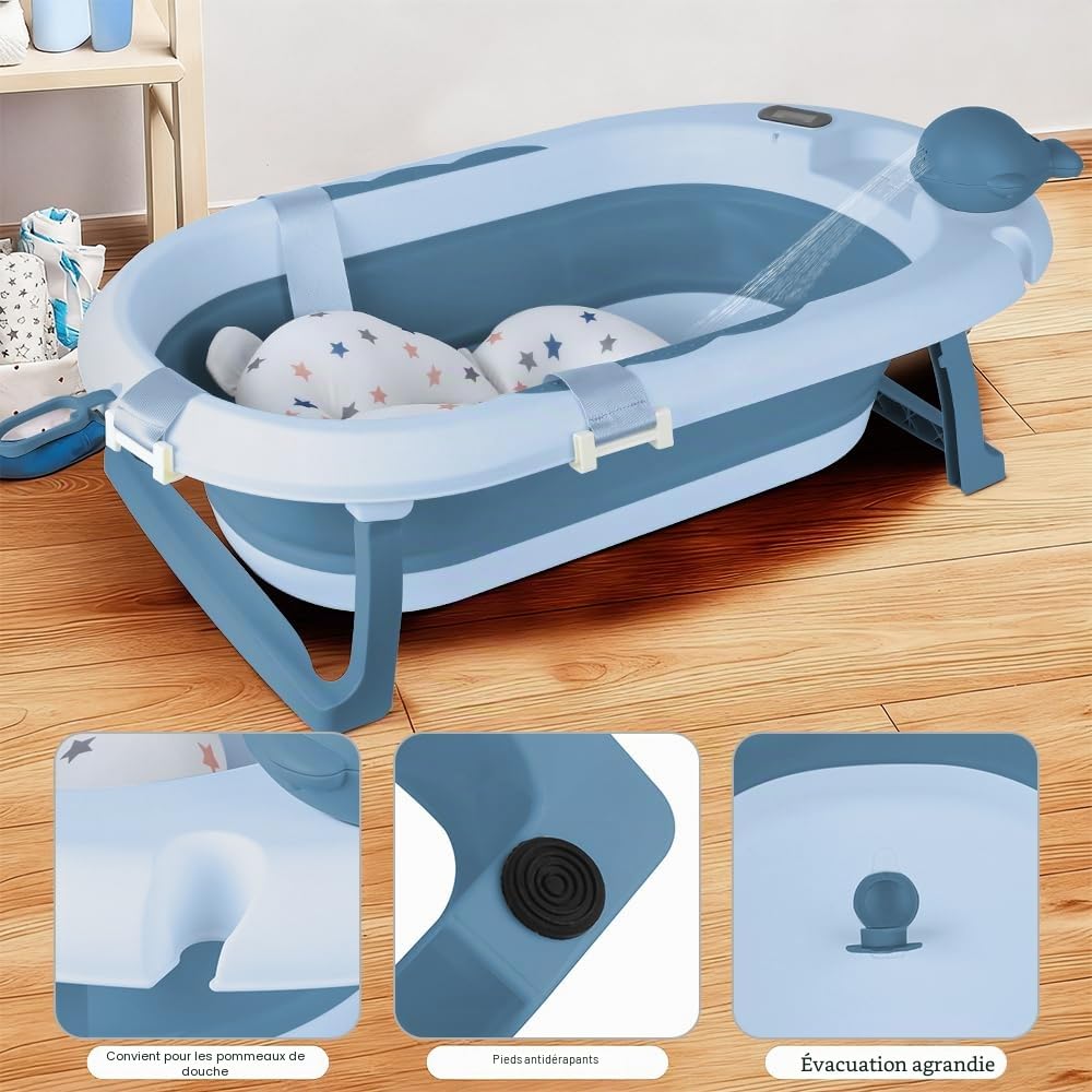 MUL-BOUTIQU Baignoire Bébé Pliable XXL avec Support, Thermomètre et Coussin - Baignoire Bebe Sur Pied - Idéal Pour Cadeau De Naissance Fille Ou Garçon (bleu)