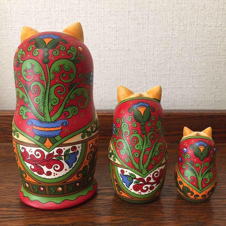 Amazon | ロシア雑貨ネコマトリョーシカ(3P)オリガ作 アルハンゲリスク 
