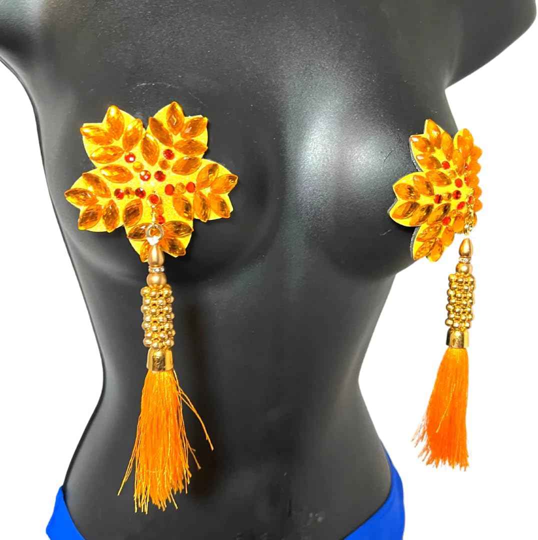 appeeling GOLDIE SWAN Yellow Flower Nipple Pasty, Nipple Cover (2pcs) with Yellow, Gold Beaded Tassels for Lingerie Carnival Burlesque Rave