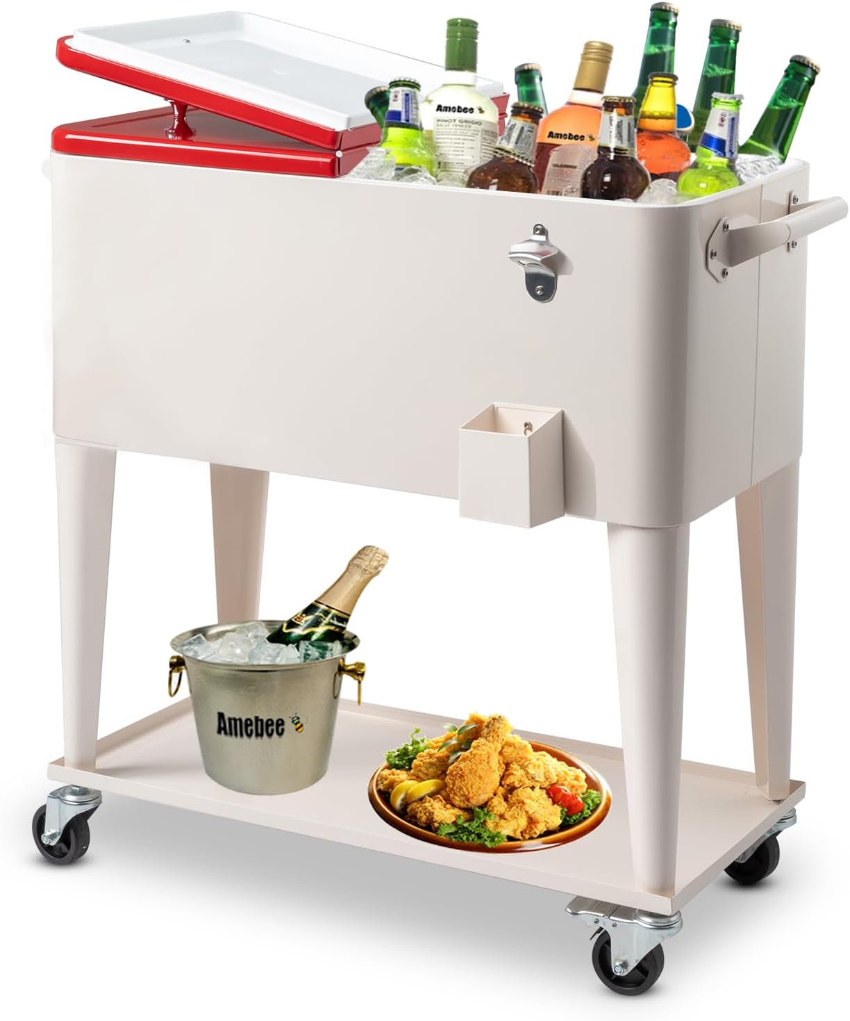 Drink Cooler Cart Portable Rolling Patio Cooler Trolley 80 Quart with Wheels, Shelf, Bottle Opener & Drain Pipe Ice Freezer Trolley by Amebee for Backyard Party Drink Beverage Bar