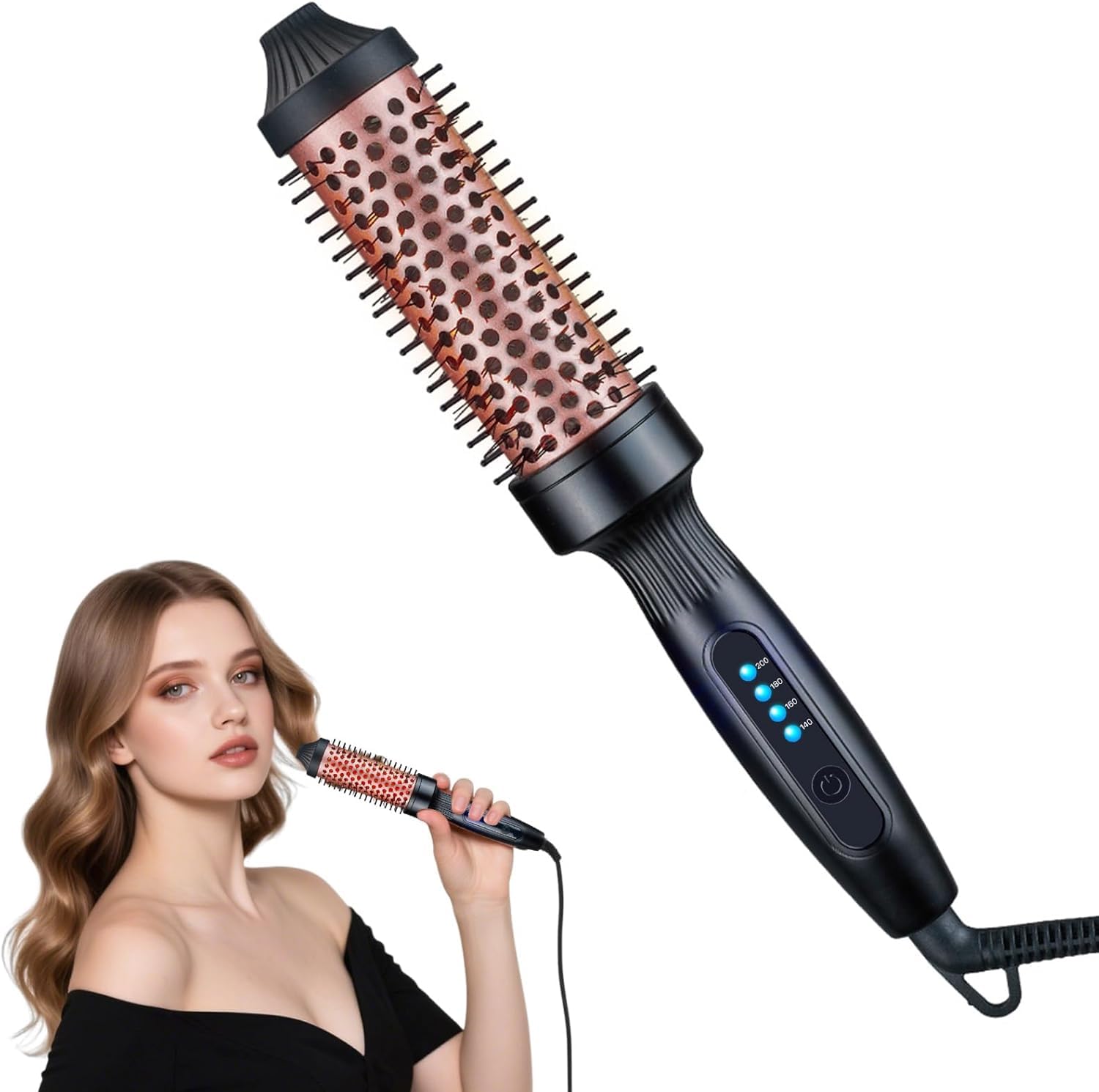 38mm 3 in 1 Negative Ion Hot Brush - Double Voltage Heated Round Styling Brush with 200°C, Volumizing Curling Ceramic Tourmaline Travel Tool