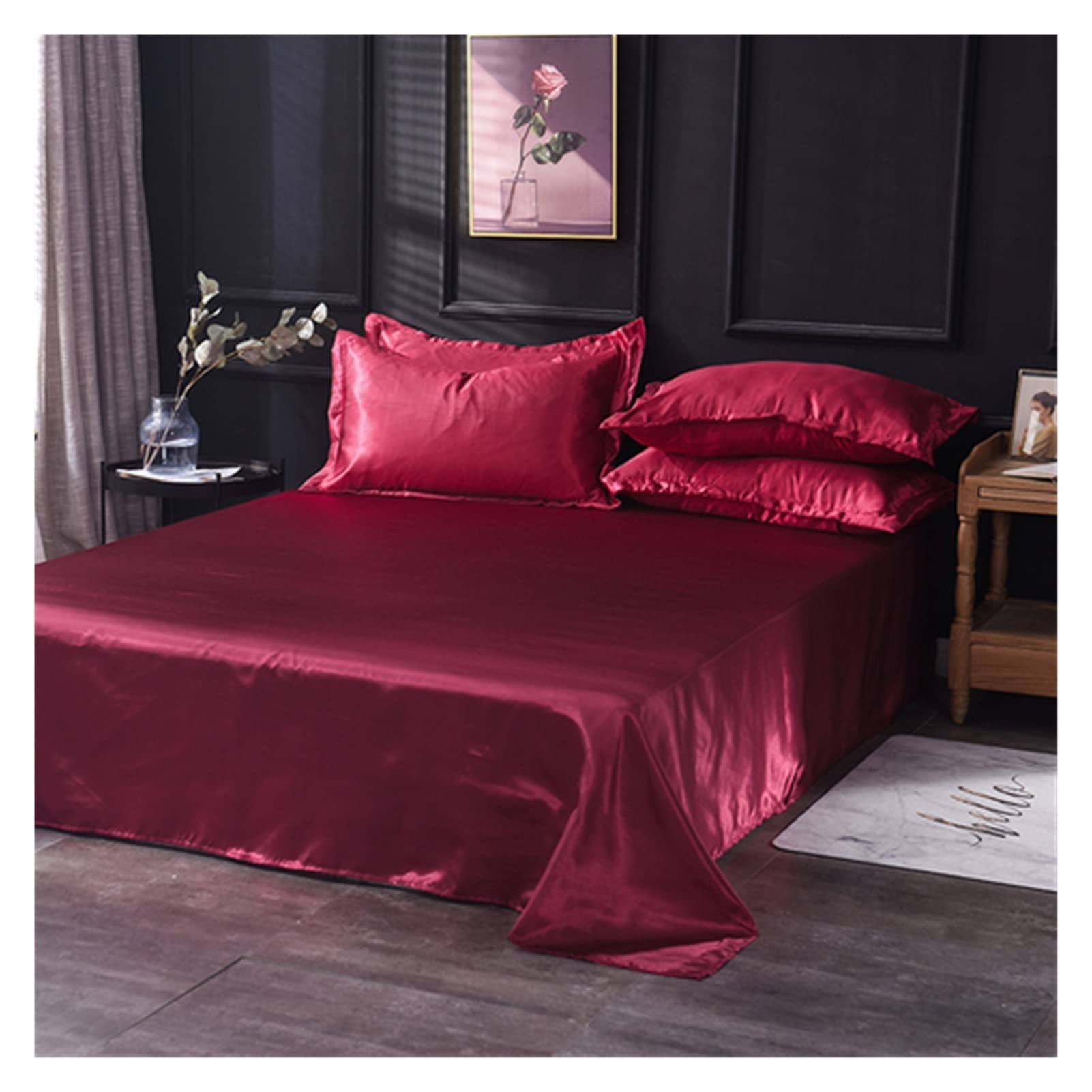 Ice Silk Bed Sheet Flat Sheet Solid Color Ice Silk Satin Fabric Bedding Queen King Size Luxury Bed Sheet Bedclothes Bed Sheets and Pillowcases(Burgundy,48x74 2pc pillowcase)