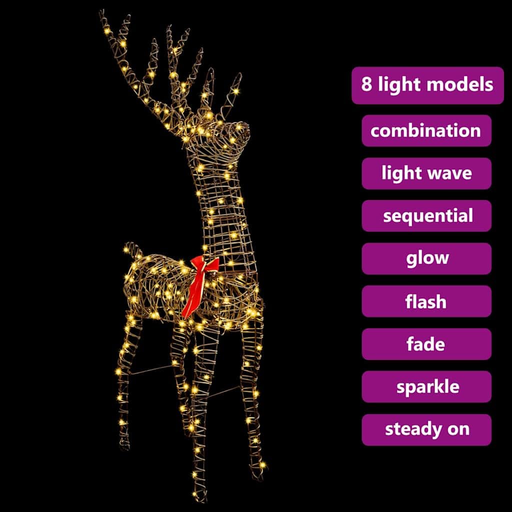3D Rentier mit 140 LEDs warmweiß, Rattan Weihnachtsdeko für Wohnzimmer, 70 x 41 x 128 cm, USB Betrieb, wetterbeständig, mit rotem Bogen, für festliche Dekoration