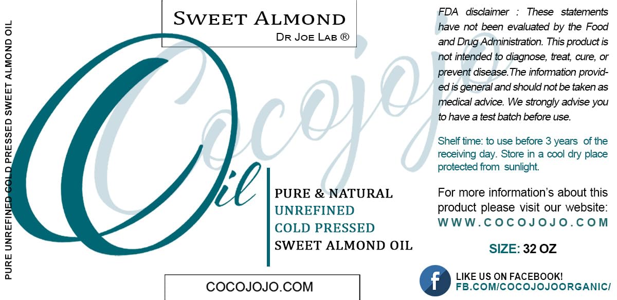 cocojojo Sweet Almond Oil - Face Skin Hair Cold Pressed 32 oz Natural Pure Massage Antioxidant Extra Virgin Unrefined