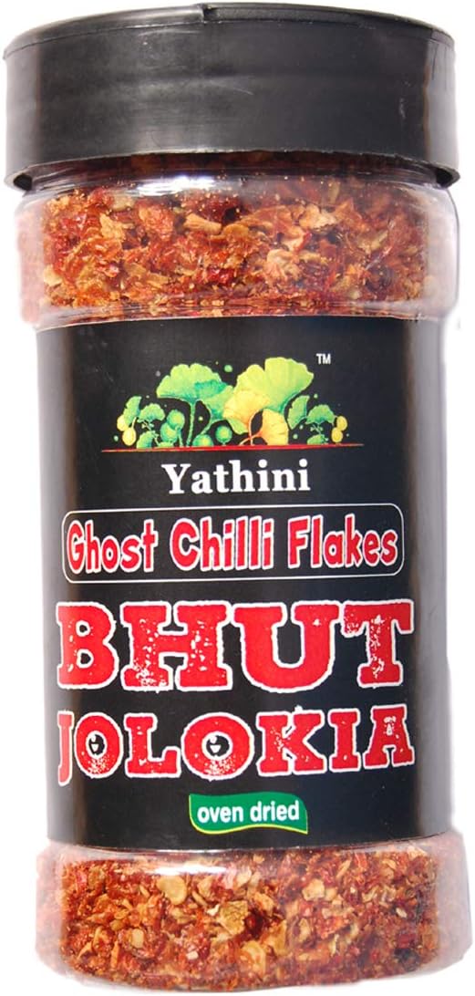 Yathini Oven dried Ghost Chilli Pepper flakes 57gram/2oz - Bhut Jolokia Non-GMO sourced from Assam