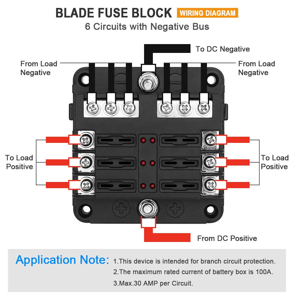 ELECTOP 6 Way Blade Fuse Block Fuse Box Holder, 6 Circuit Car ATO/ATC Fuse Block with LED Indicator Damp-Proof Protection Cover Sticker for Automotive Car Truck Boat Marine RV Van