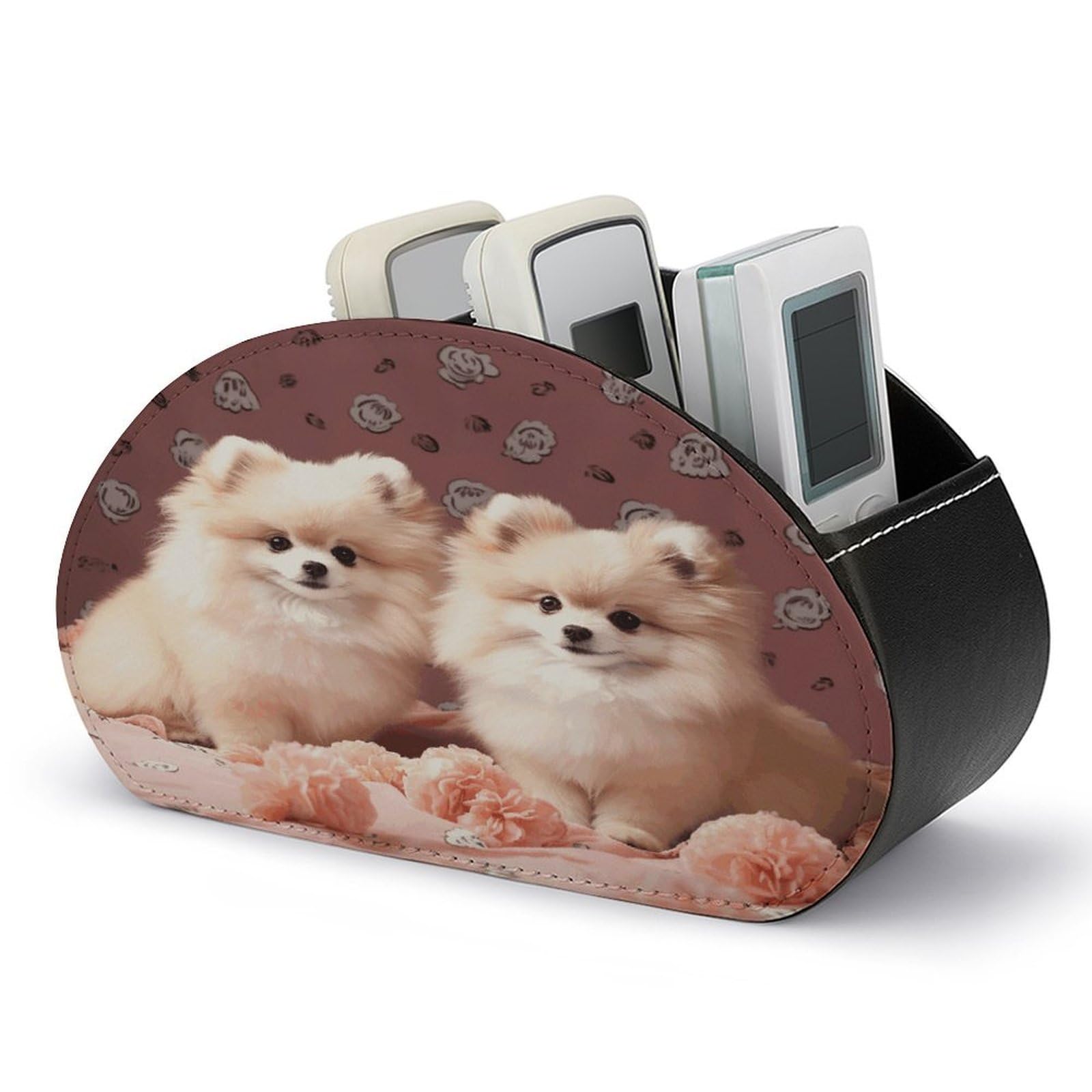 FodPand Pomeranians Puppies And Point Remote Control Holders PU Leather Remote Caddy Desktop Organizer with 5 Compartments TV Remote Holder Box Tray for Bedside Table Office Desk Accessories&Gift