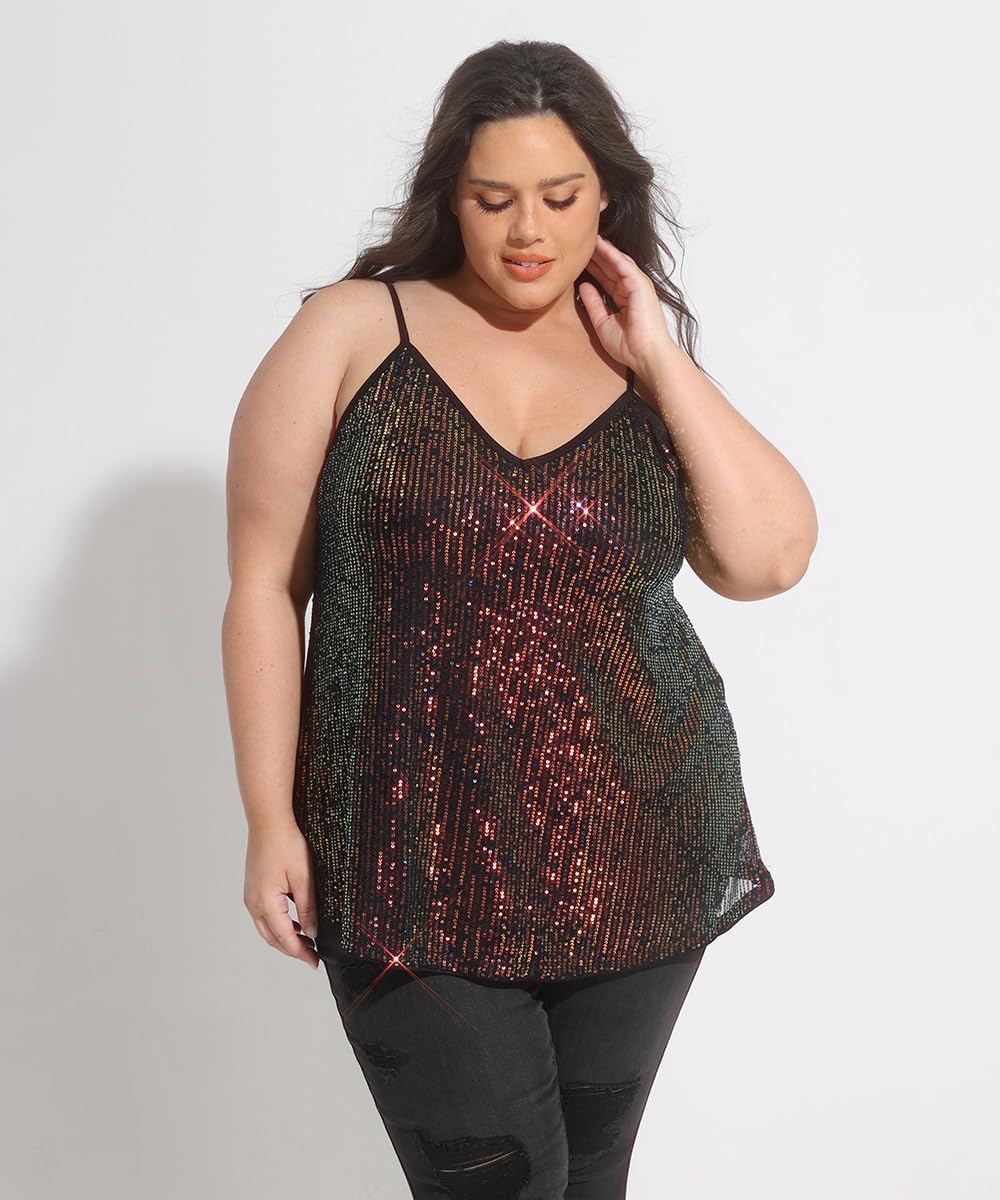 RITERA Plus Size Sequin Tank for Women V Neck Shimmer Sleeveless Tops Glitter Party Spaghetti Sparkle Camisole XL-5XL - Image 7