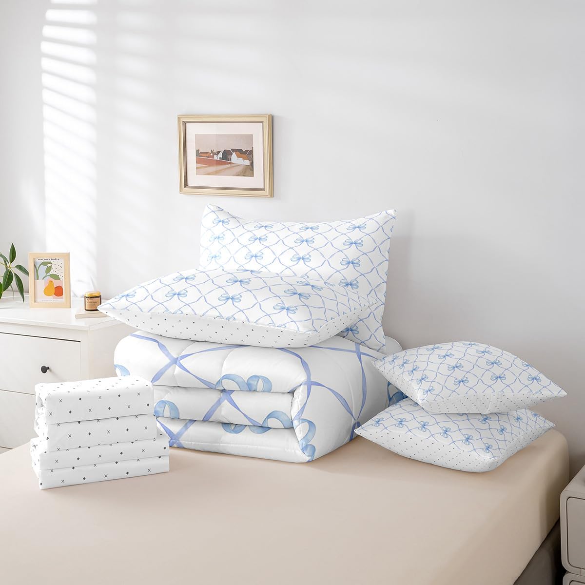 Erosebridal Bowknot 7 Piece Comforter Set Full Bow Knot Bedding for Kids Butterfly Knot Bow Tie Sheet Set Bed in A Bag Aesthetic Coquette Bedroom Decor Geometric Cartoon Blue Bed Set