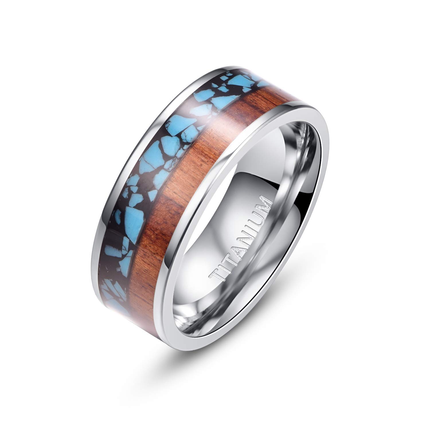 Empsoul 8mm Men's Titanium Ring Koa Wood and Blue Wedding Engagement Ring