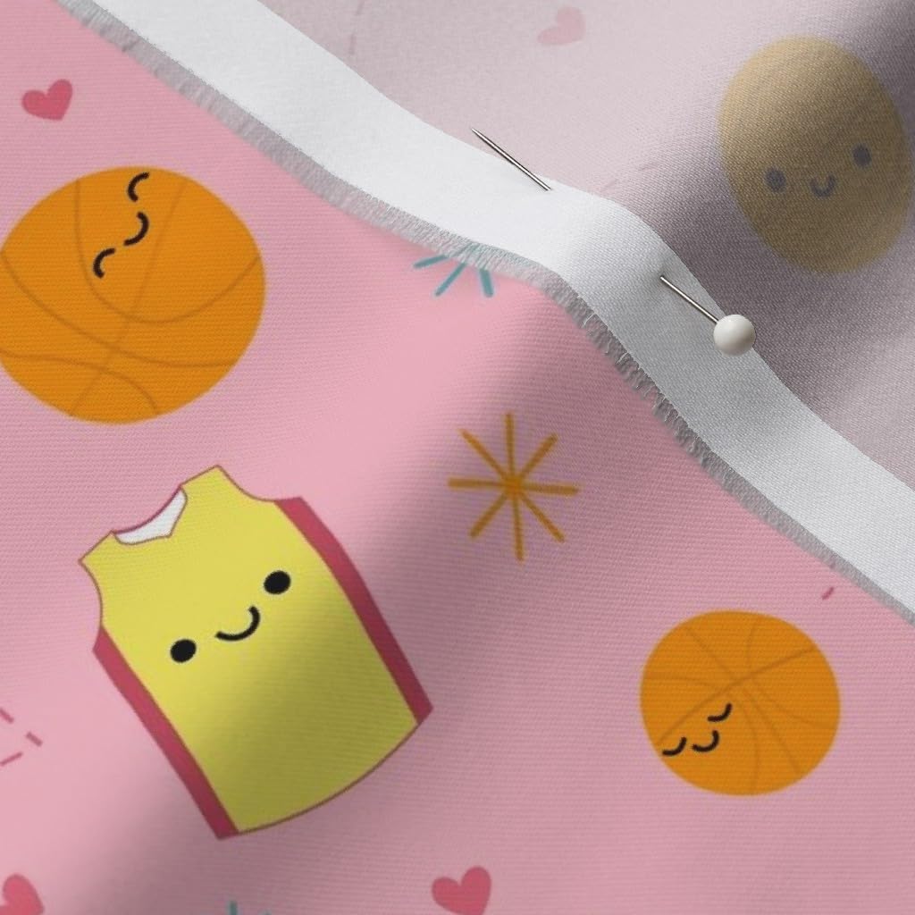 Spoonflower Fabric - Happy Basketball Friends Pink Team Cute Kawaii Sports Girls Printed on Organic Cotton Sateen Fabric by The Yard - Sewing Quilting Apparel Home Decor