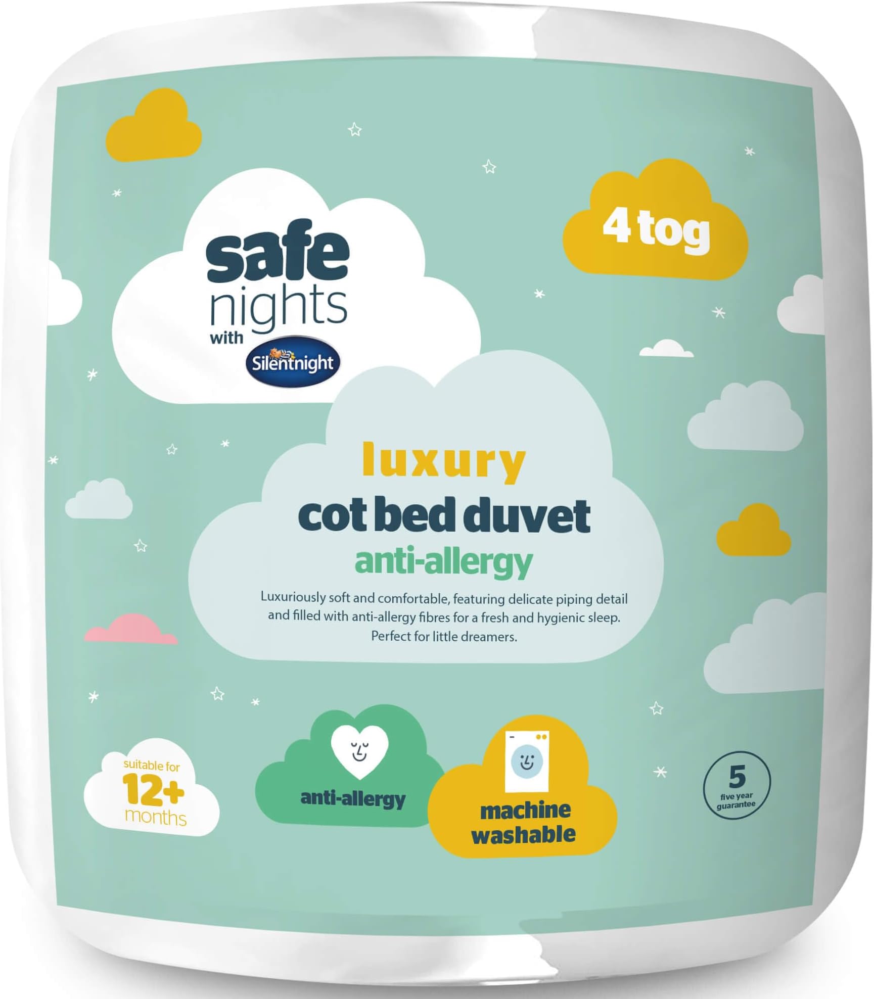 Silentnight Safe Nights Luxury Cot Bed Duvet 4 Tog – Anti Allergy Soft Breathable Snug Warm Nursery Junior Quilt for Children, Kids, Toddlers – Hypoallergenic and Machine Washable – 150x120cm