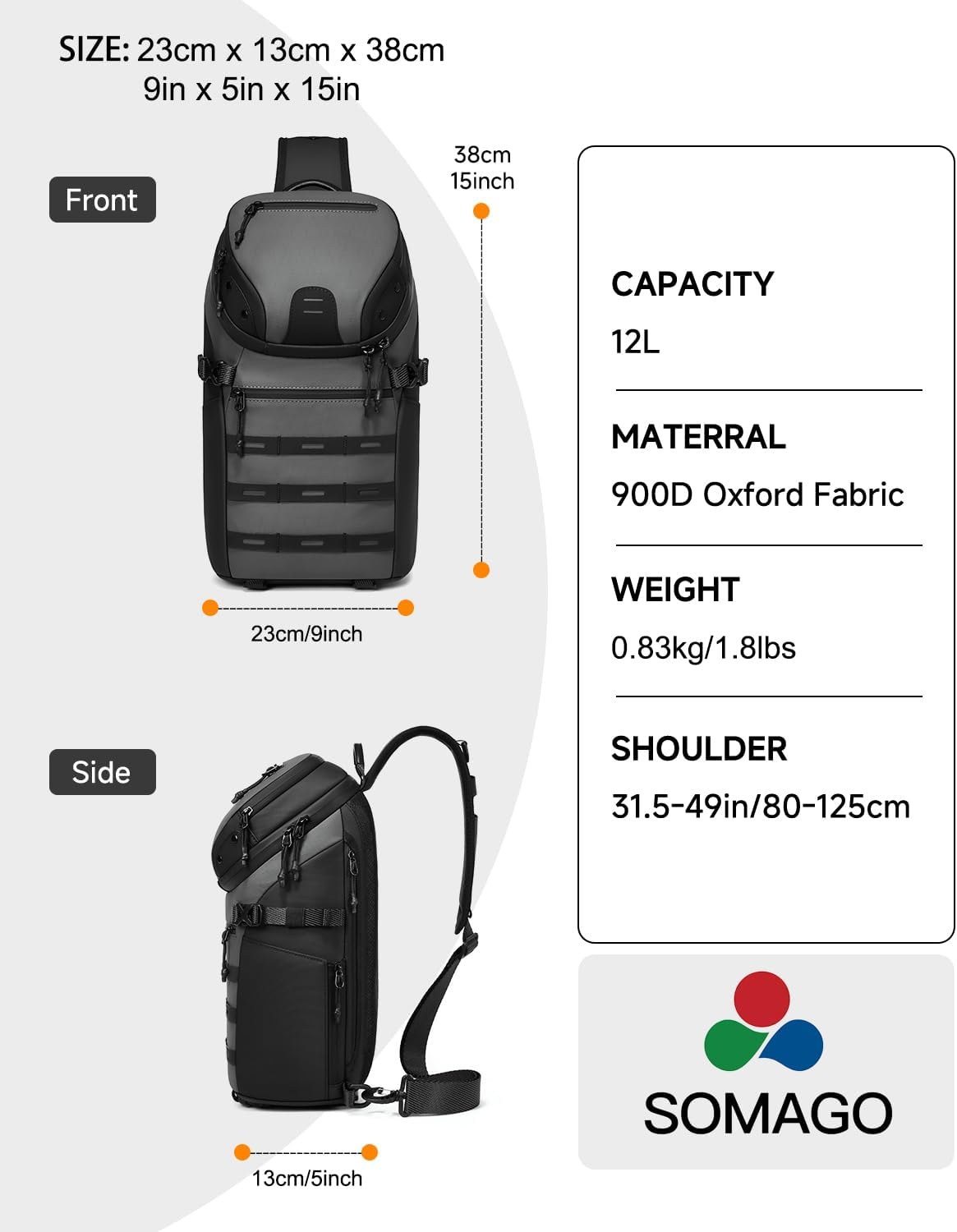 Somago Sling Backpack with USB Charging Port Water-Resistant Tactical Backpack Crossbody Chest Bag with Anti-theft Pocket