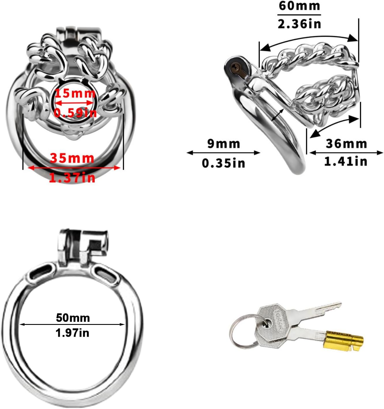 Steel Chastity Cage Men Breathable Cock Cage with Invisible Lock and Keys, Metal Chain Chastity Device Lock SM Bondage Penis Cages Adult Men Sex Toy (1.97IN Ring)