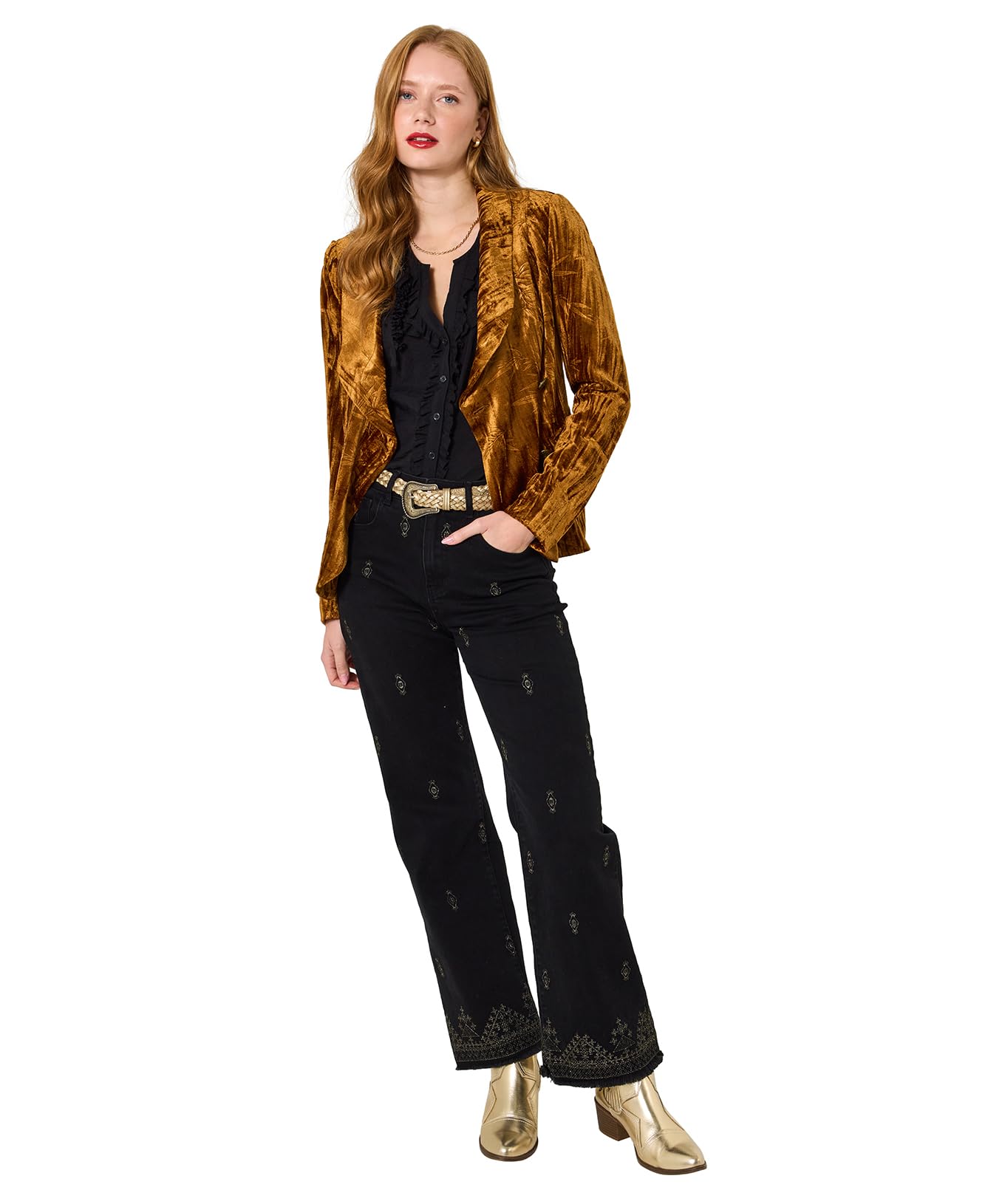 Joe Browns Women's Velour Leaf Print Jacket, Regular, Gold, UK 8