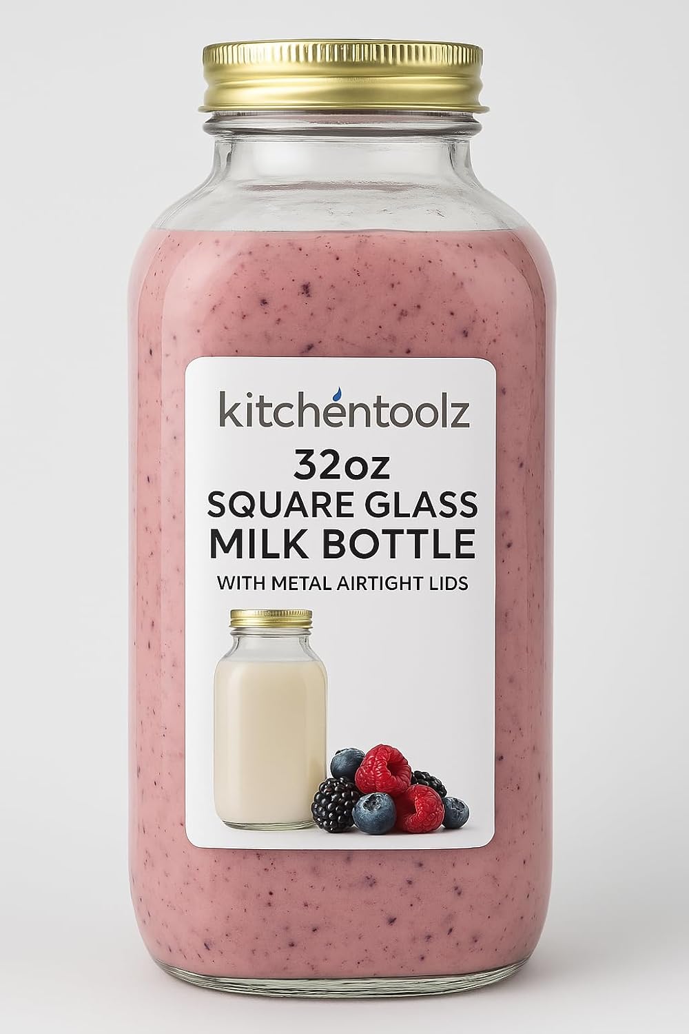 kitchentoolz 32oz Square Glass Milk Bottle with Metal Airtight Lids -1 Quart Milk Jars with Lids for Fridge - Reusable Milk Jugs, Yogurt, Smoothies, Kefir, Kombucha, Water
