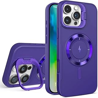 جراب حماية مغناطيسي مضاد للصدمات متوافق مع الشحن اللاسلكي وبمسند قابل للتعديل لجهاز آيفون 14 برو ماكس، أرجواني