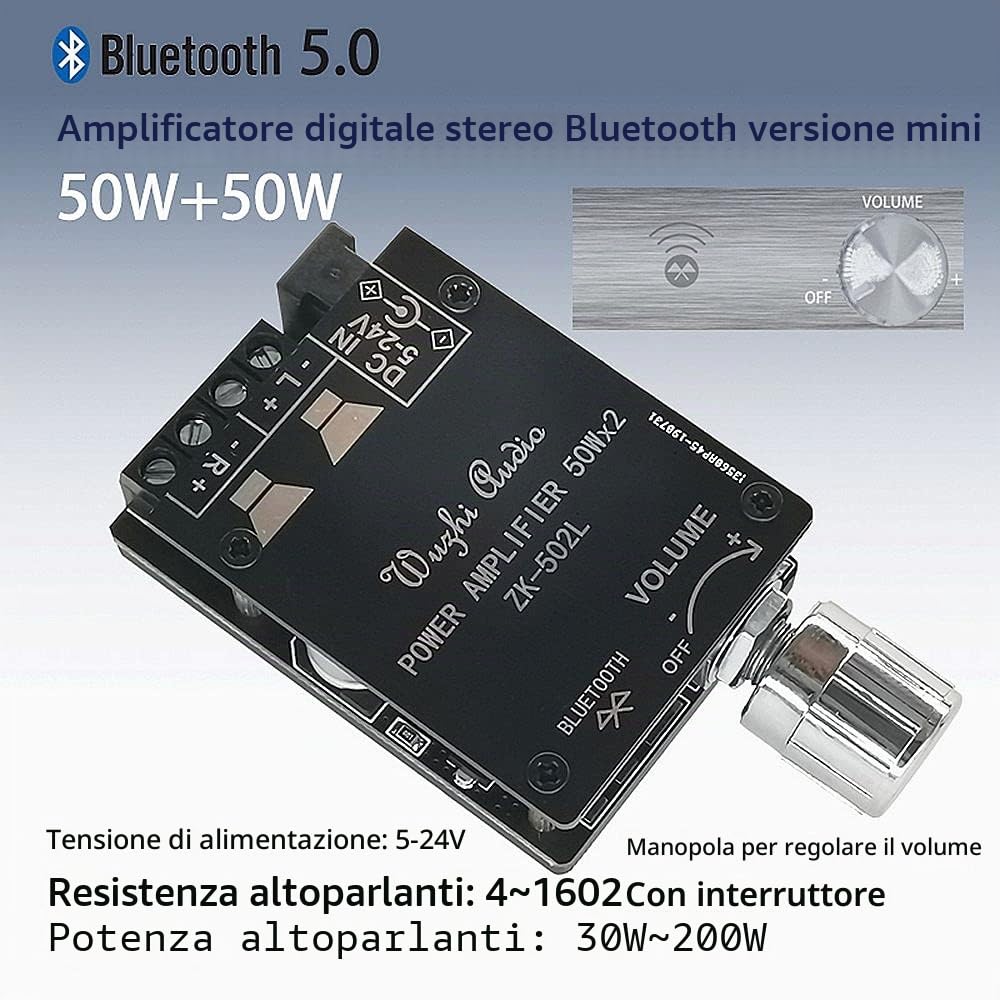 DollaTek TPA3116 Bluetooth 5.0 Mini Amplificatore di Potenza Digitale 2x50W con Interruttore e Volume Regolabile