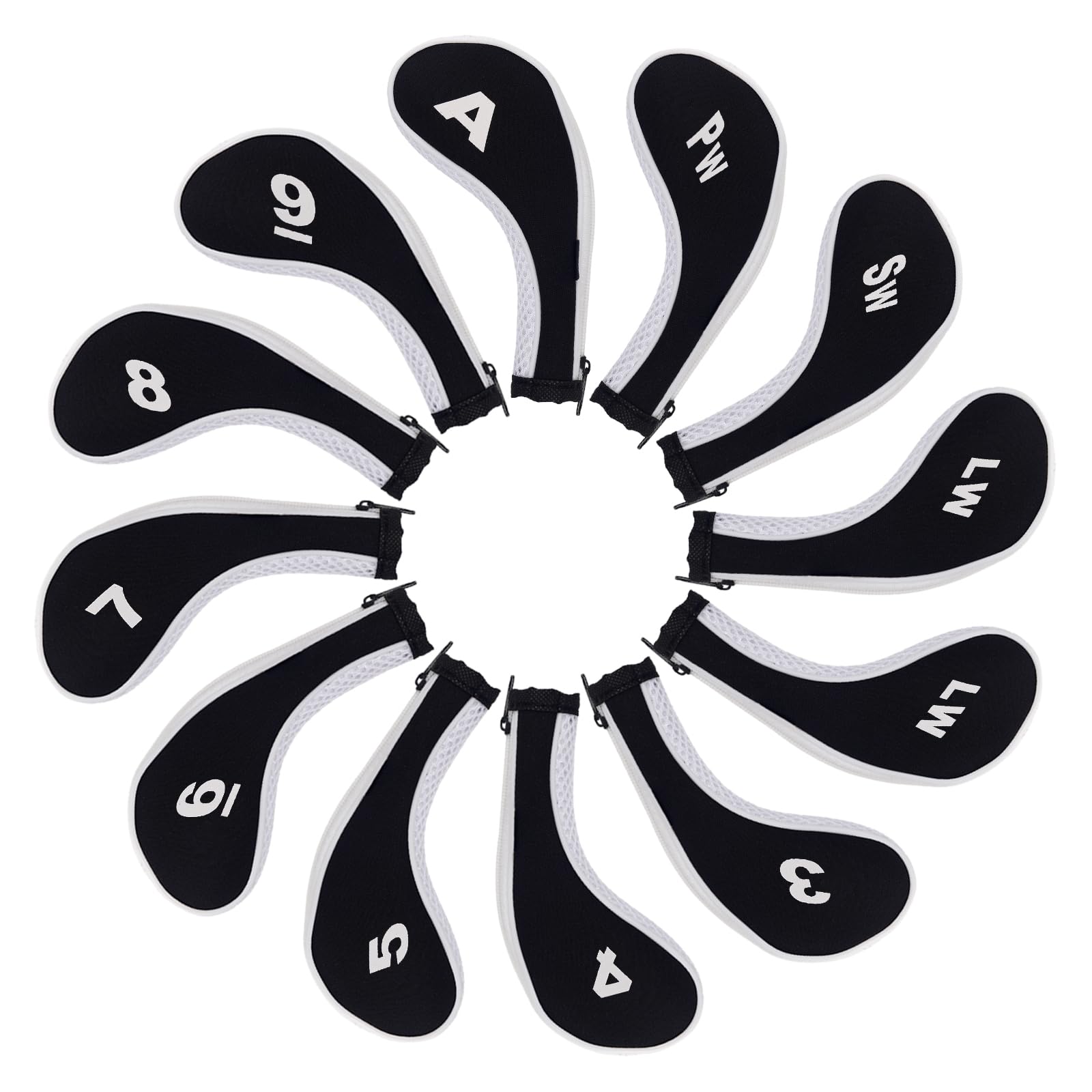Andux La Tête de Club de Fer de Golf d'impression de Nombre Couvre Le Long Cou avec la Tirette Lot de 12 Noir/Blanc