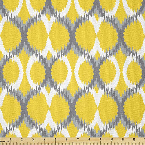 Lunarable Ikat Fabric by The Yard, Design Traditional Style Ikat Patterns Indonesian Cloud Print, Stretch Knit Fabric for Clothing Sewing and Arts Crafts, 3 Yards, Yellow Grey