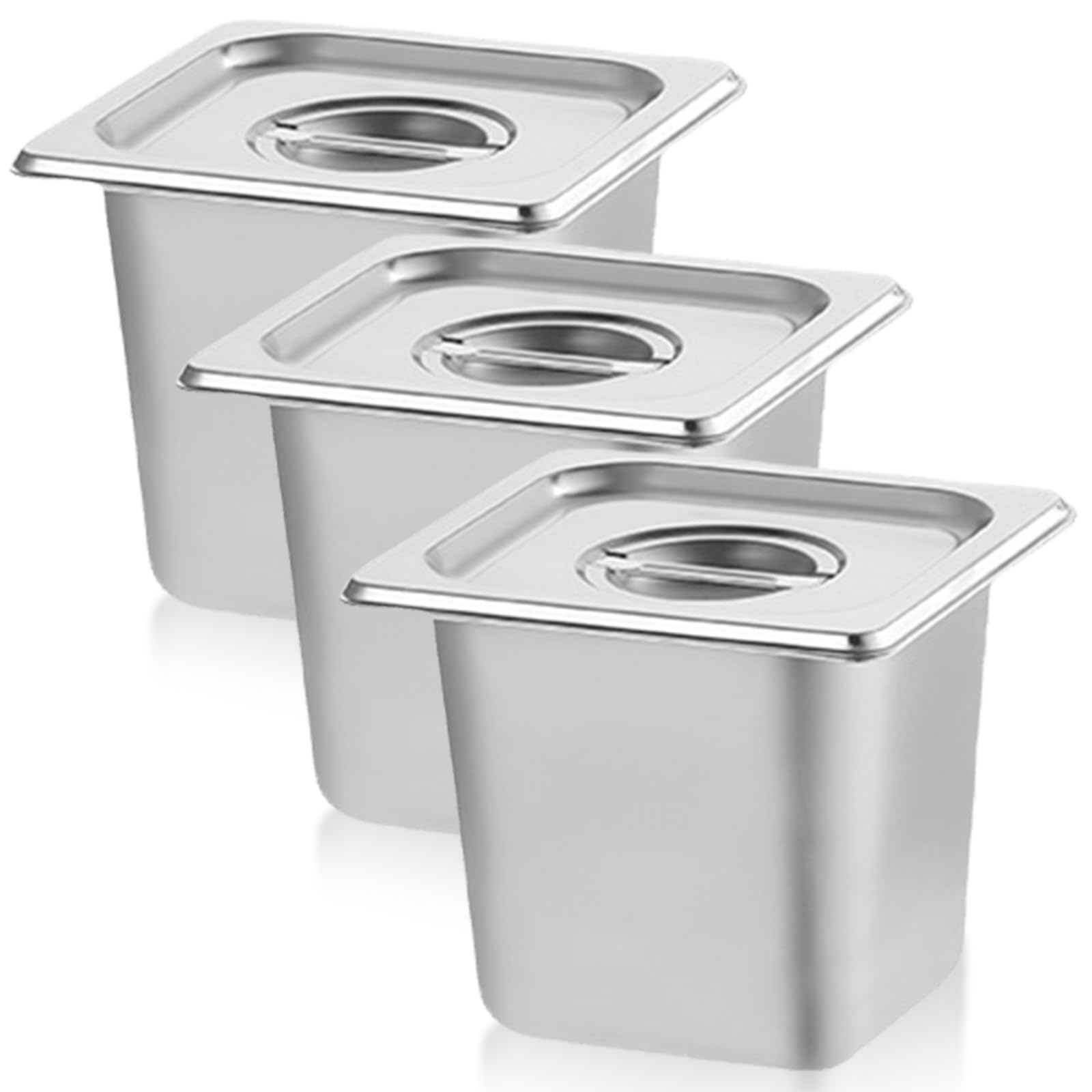 GOMETY 3 recipientes de acero inoxidable 1/6 con tapa, 17,6 x 16,2 x 10 cm de profundidad, sartenes para hotel, 100 mm de altura, recipientes apilables, recipientes para alimentos y alimentos