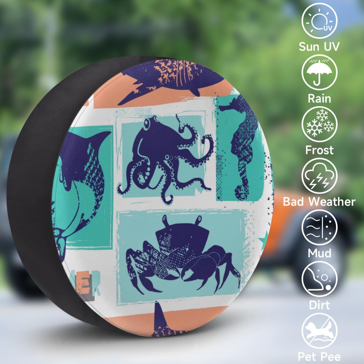 Cartoon Marine Animals Tire Covers Portable Spare Tire Cover Soft Durable Waterproof Dustproof Set of 4 Bags 15 Inches for Car Truck SUV Trailer Camper