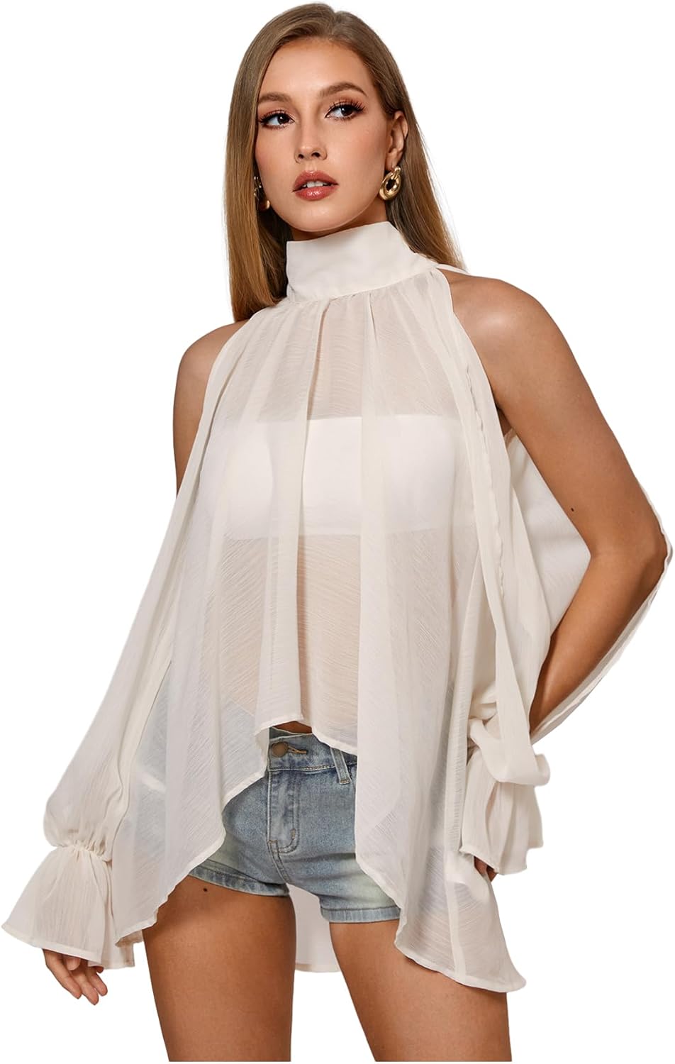 OYOANGLE Women's Sheer Dressy Split Bishop Sleeve Flowy Blouse Elegant Mock Neck Tie Back Wedding Going Out Tops