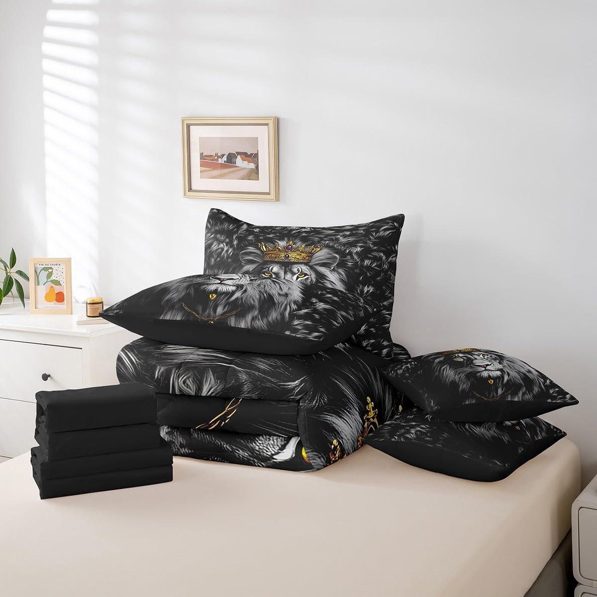 Feelyou Black Lion Comforter Set 7 Pieces King Size Safari Print Bedding Set for Kids Animals Fur Print Bed in a Bag,Comforter & Sheets & Pillowcases & Cushion Covers（No Real Fur）