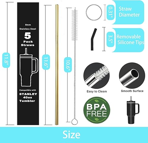 Miniatura 2 de 5 popotes reutilizables de acero inoxidable con puntas de silicona y cepillo de limpieza para vaso Stanley, Yeti, Owala de 40 onzas, popotes de