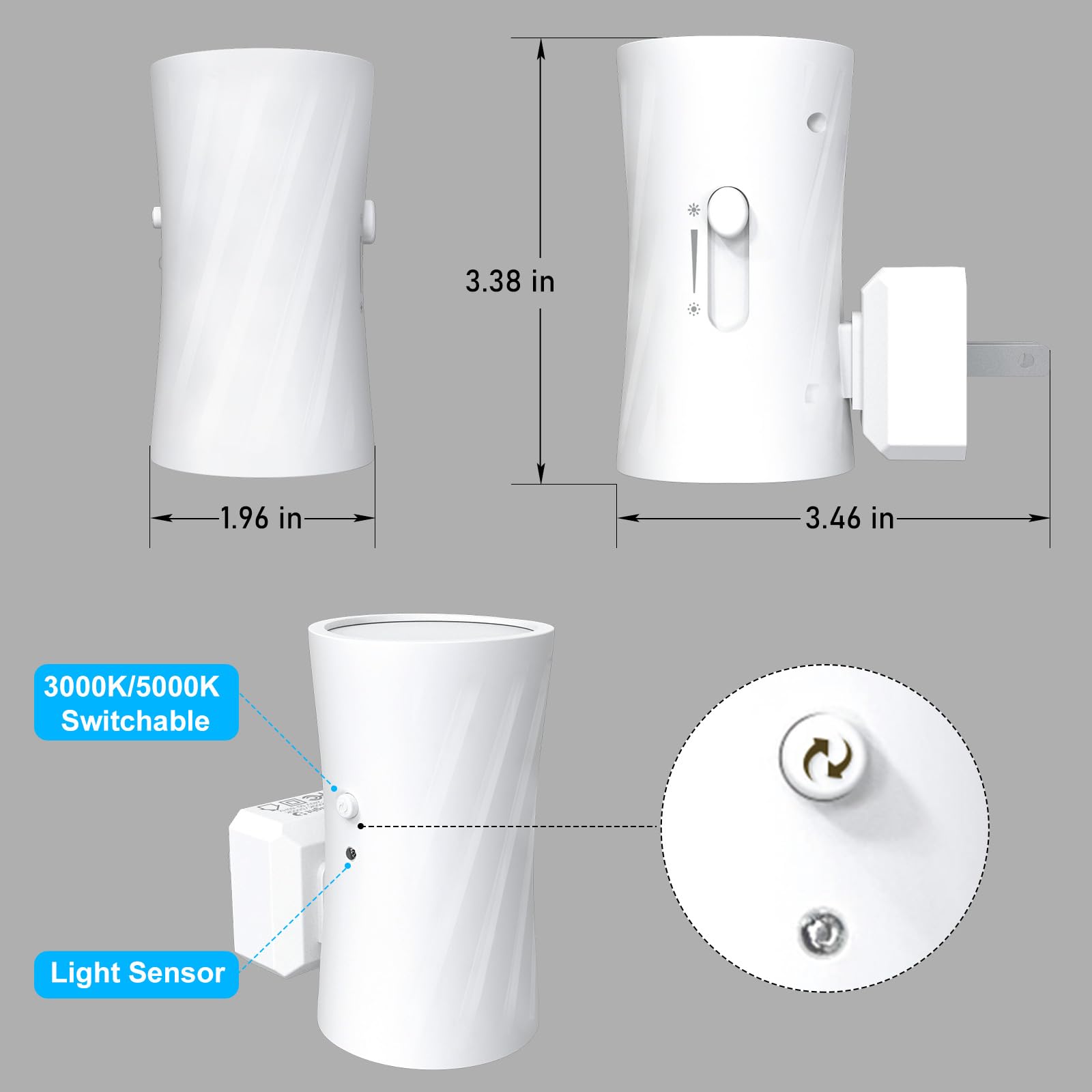 LED-Nachtlichter zum Einstecken in die Wand, 3000 K/5000 K umschaltbar, 2 Stück, Nachtlicht zum Einstecken, 0–100 lm, dimmbares Nachtlicht, modernes Nachtlicht, Dämmerung bis Morgendämmerung, Sensor