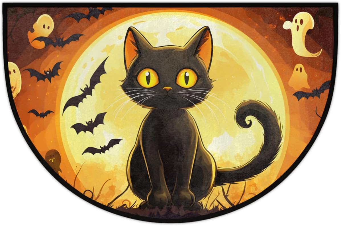 Half Round Doormat Halloween Decor Black Cat Moon Semi Circle Rug Non Slip Indoor Outdoor Entrance Half Moon Rug Washable Front Floor Mat for Kitchen Bathroom Patio Fireplace Holiday Decor,A-22