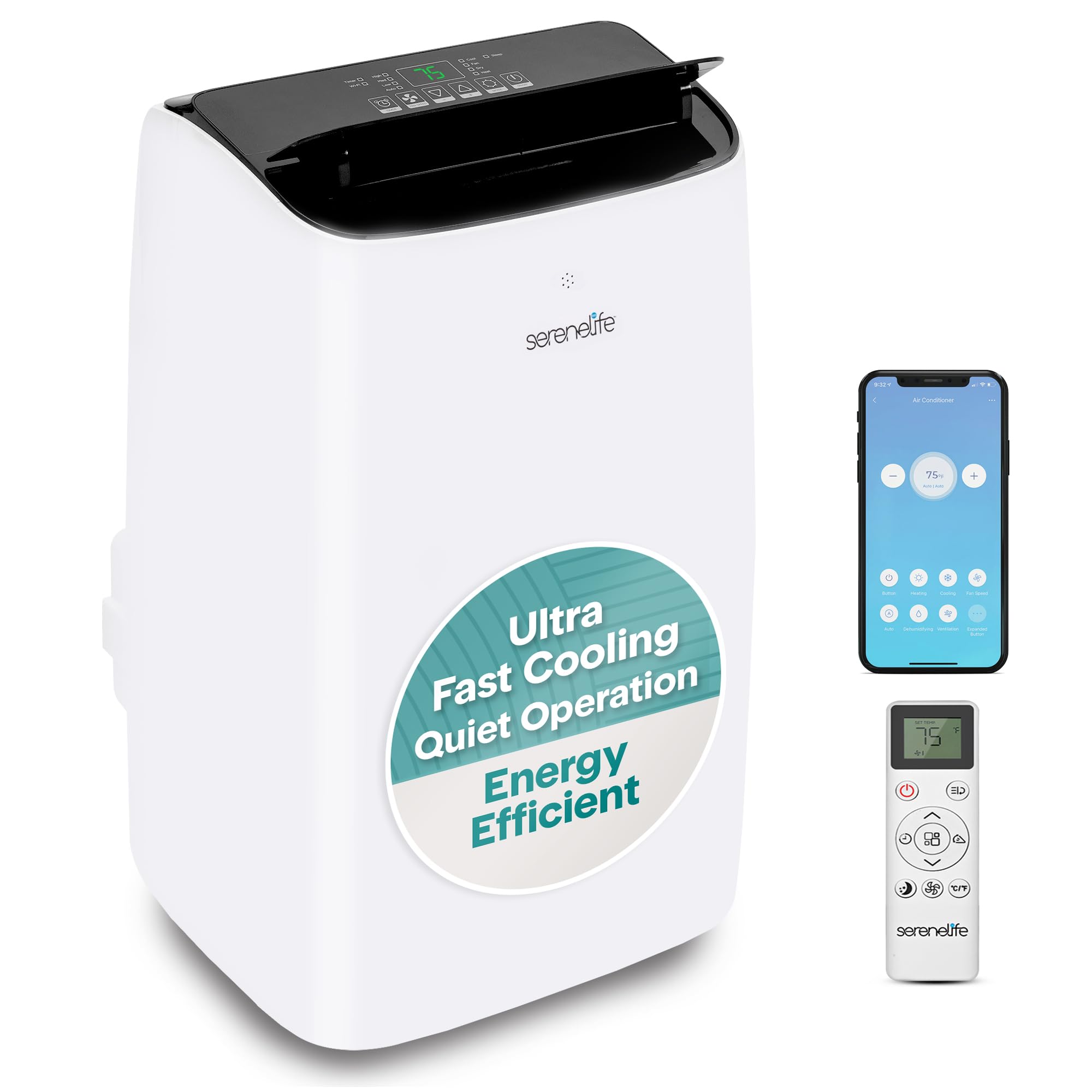 SereneLife 14000 BTU Ultra Quiet Portable Inverter Air Conditioner, Smart Cooling & Heating with WiFi, Energy Efficient, For Bedrooms, Living Spaces & Offices, 650 Sq Ft Coverage