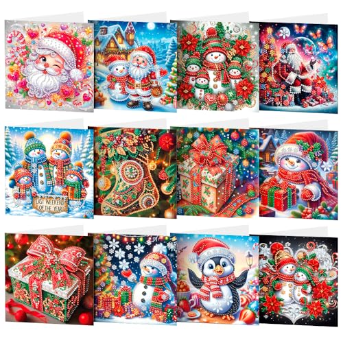 ACSAUMMY Diamond Art Painting Christmas Cards, 12 Pack DIY 5D Diamond Greeting Cards Kits for Adults Diamond Xmas Greeting Cards with Envelopes Gem Christmas Gifts for Families, Friends, Partners