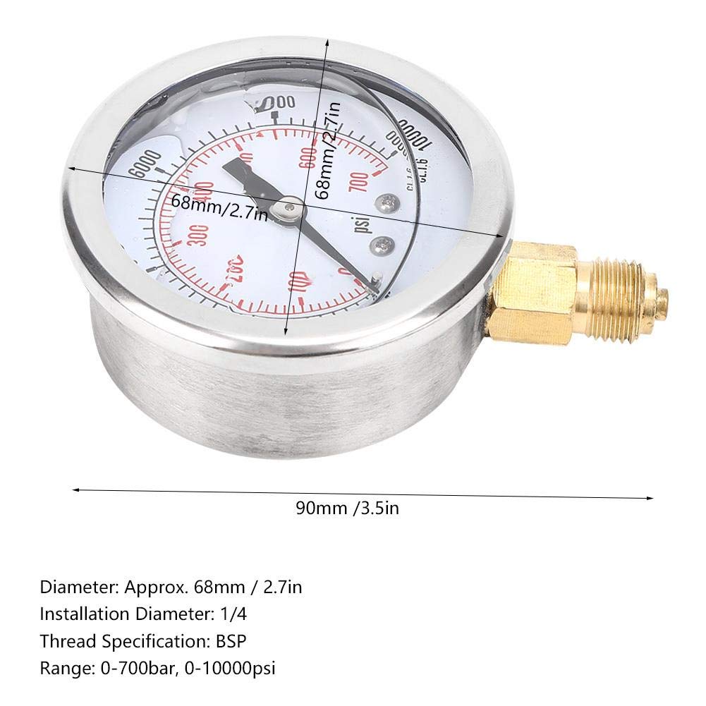 BuyWeek Mini Manometro, Manometro Olio di Acciaio Inossidabile per Olio Combustibile Aria o Acqua 0-10000 Psi/0-700 Bar 1/4 BSP