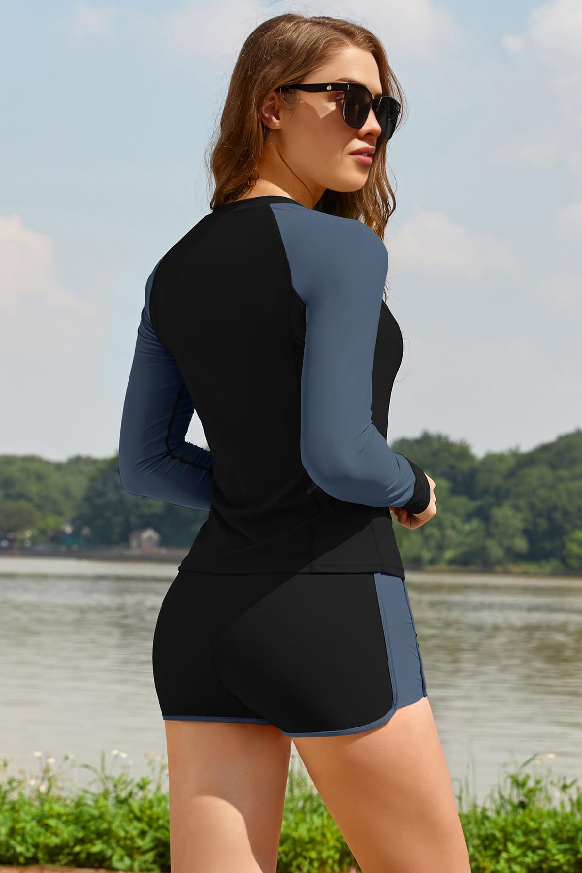 SHEKINI Trajes de baño de 3 piezas para mujer, con cremallera UPF 50+, modesto, trajes de baño para mujer, trajes de baño de color en contraste, pantalones cortos