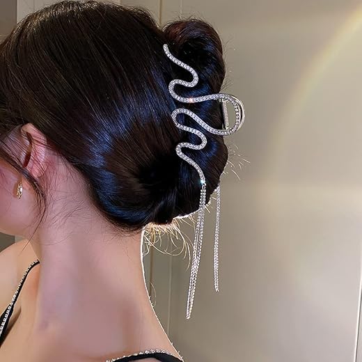 Large Rhinestone Hair Claw Big Wave Hair Clip Strong Hold Metal Hair Clip Long Tassel Chain Hair Claw Non Slip Hair Clamp Fashion Hair Claw Clip for Thick Hair(Silver)