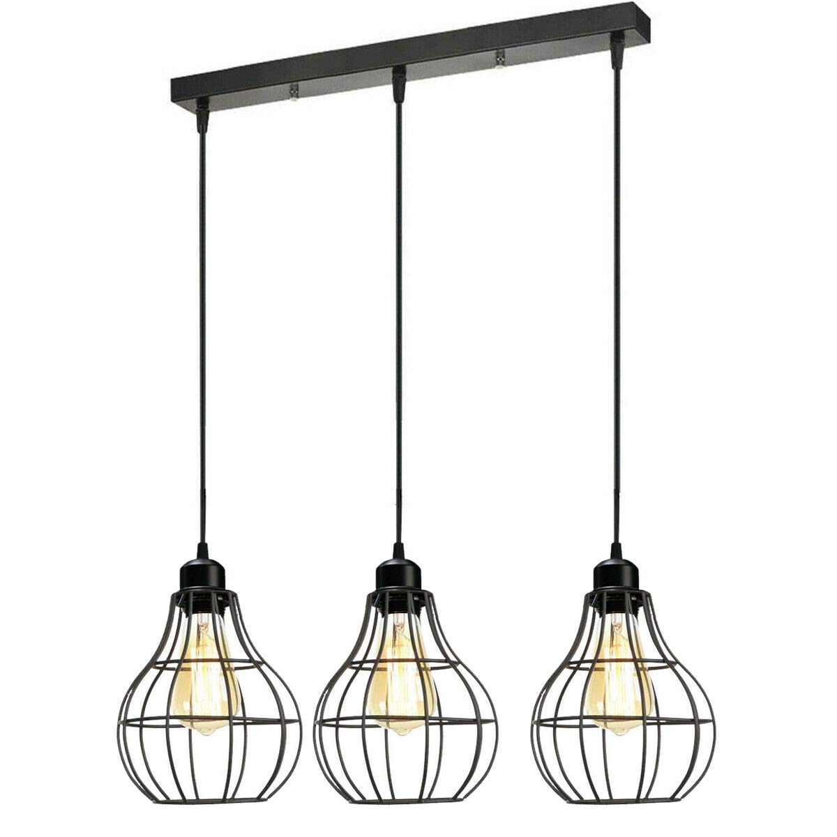 LEDSone Vintage Retro 3 Way Ceiling Pendant Light Cluster Light Fitting Black Diamond Shaped Wire Cage Lampshades