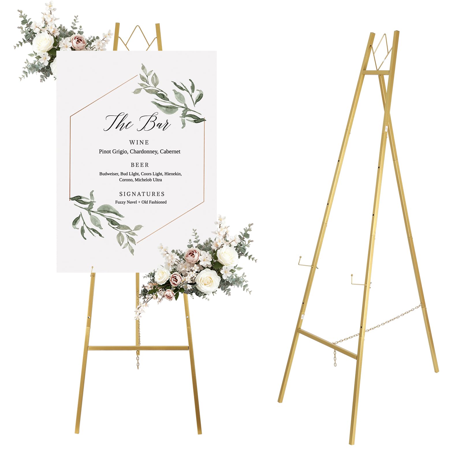 147cm Hochzeits Staffelei, Verstellbarer Gold Metall Staffelei Stand | Schwerer Boden Schildständer bis 45kg, für Willkommensschild Hochzeit Poster Display Event Dekoration