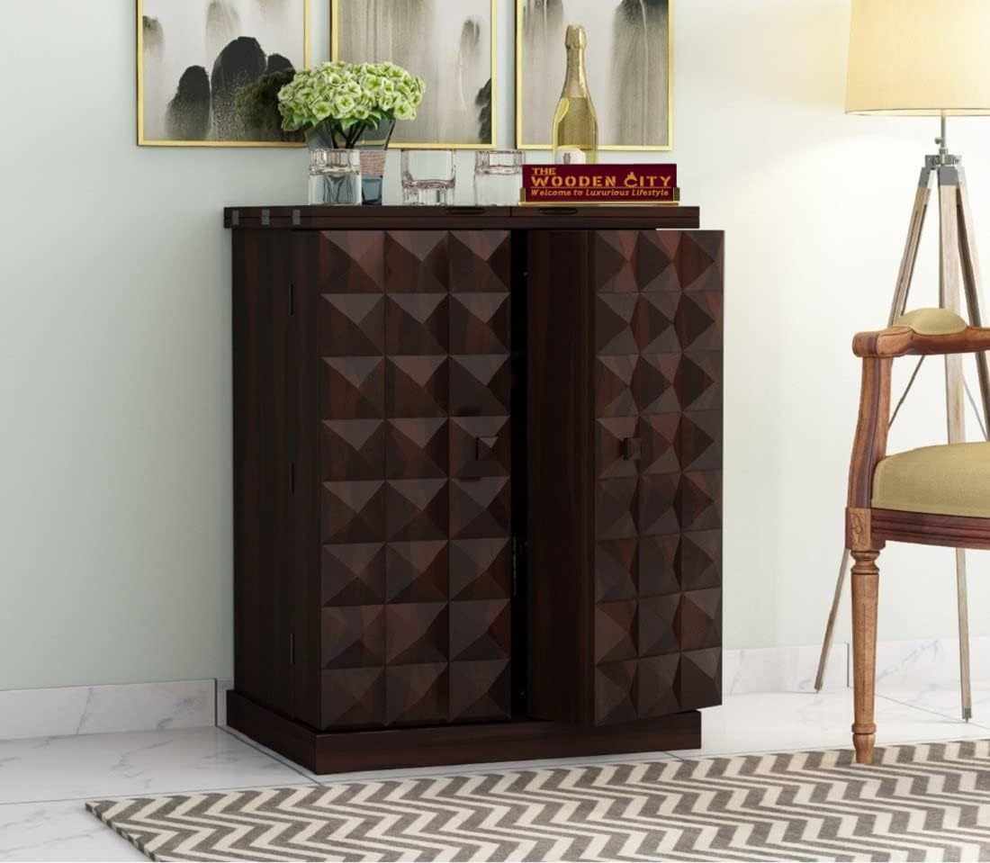 THE WOODEN CITY Solid Sheesham Wood Bar Cabinet Wine Storage Rack with Drawer & Glass Holder, Wooden for Home and Bar Furniture (Walnut2door, Standard)-picture-30