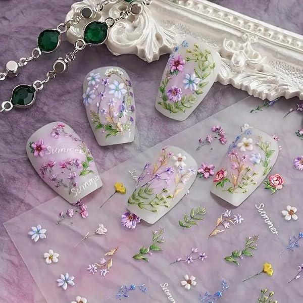 Flower Nail Stickers for Nail Art - Flowers Nail Art Stickers Summer Floral Leaf Plant 5D Embossed Nail Decals Self-Adhesive Nails Supply Manicure Sliders Flower Stickers for Nails Decoration by POWPOP - Image 4