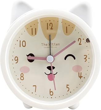 Children Cute Animal Dog/Cat Alarm Clock Silent Non Ticking Silicone Clock Night Light Travel Clock A-White Cat