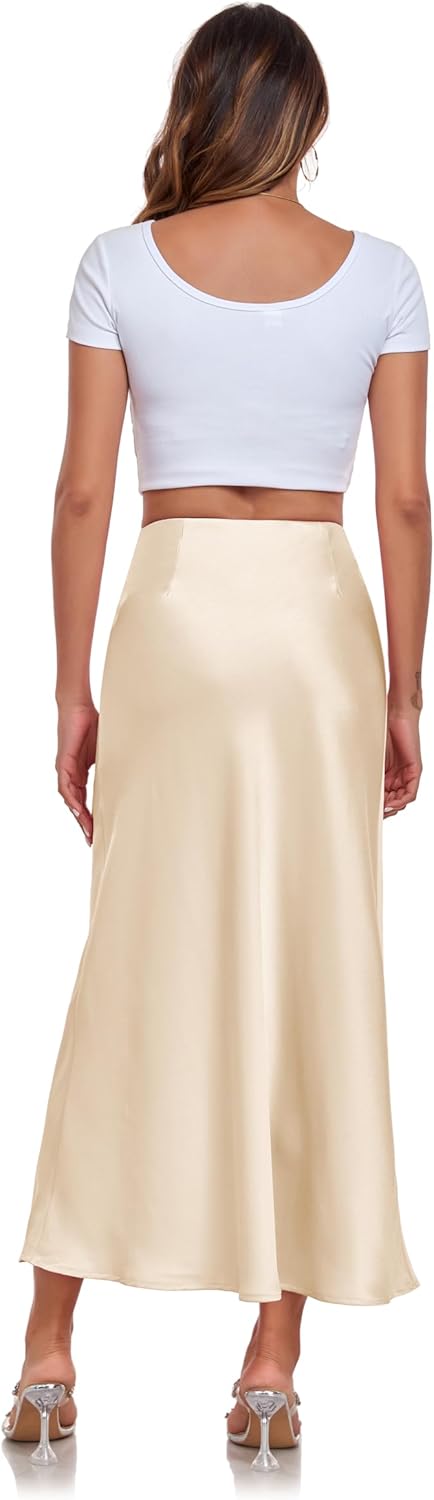 Women's Silk Satin Maxi Skirt High Waist Elastic A Line Fishtail Elegant Work Elastic Long Skirts - Image 5